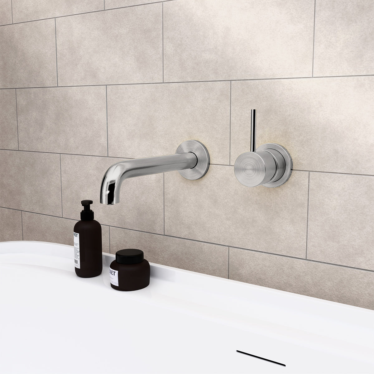 Mecca Wall Basin/Bath Mixer Separate Back Plate Handle Up 185mm Brushed Nickel