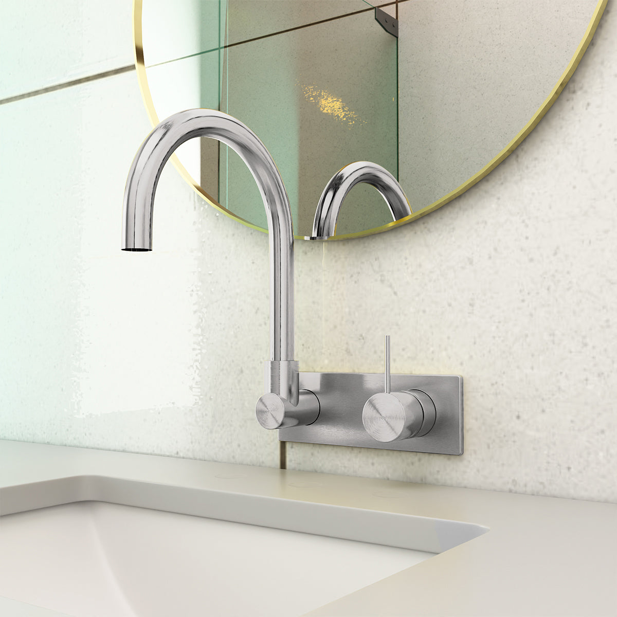 Mecca Wall Basin/Bath Mixer Swivel Spout Handle Up Brushed Nickel