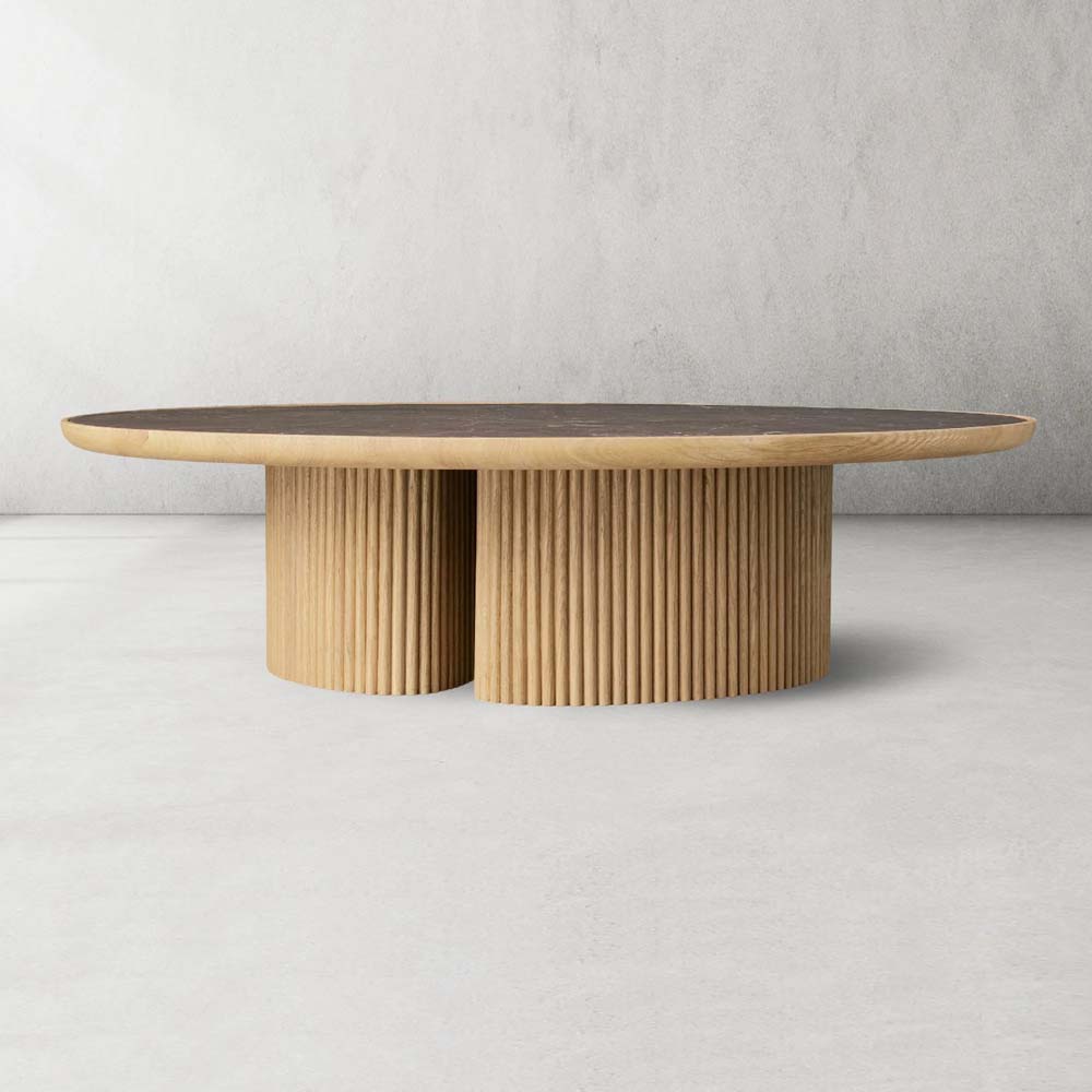 Astor Round Marble Top Coffee Table Wood Cocktail Table Reeded Oak Base Sofa Center Tea Table