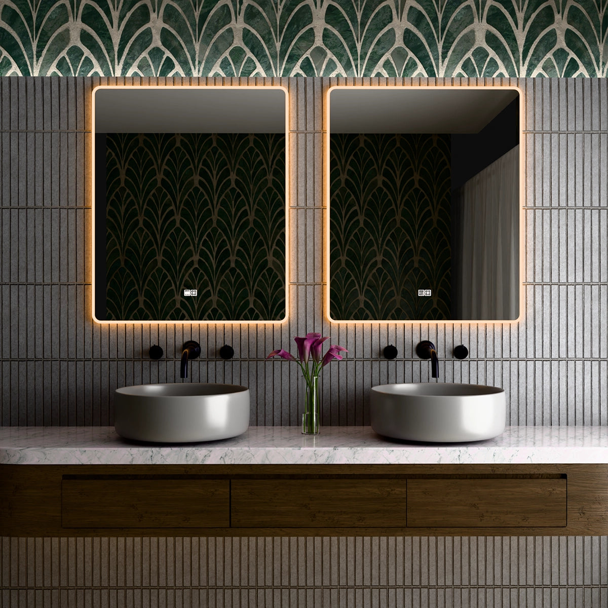 30"×36" Vertical Rectangle LED Mirror, Dual-Touch Dimmer & Defogger, 3CCT Back & Front Lit, 45° Wall-Mounted