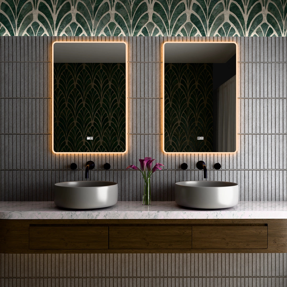 24"×36" Vertical Rectangle LED Mirror, Dual-Touch Dimmer & Defogger, 3CCT Back & Front Lit, 45° Wall-Mounted