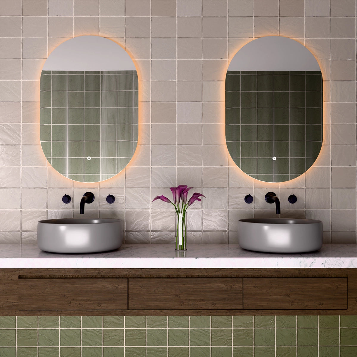 24"×36" Oval Frameless LED Backlit Mirror, Single-Touch Dimmer/Defogger, 3CCT 12V SAA/CE Certified, 45° Wall-Mounted