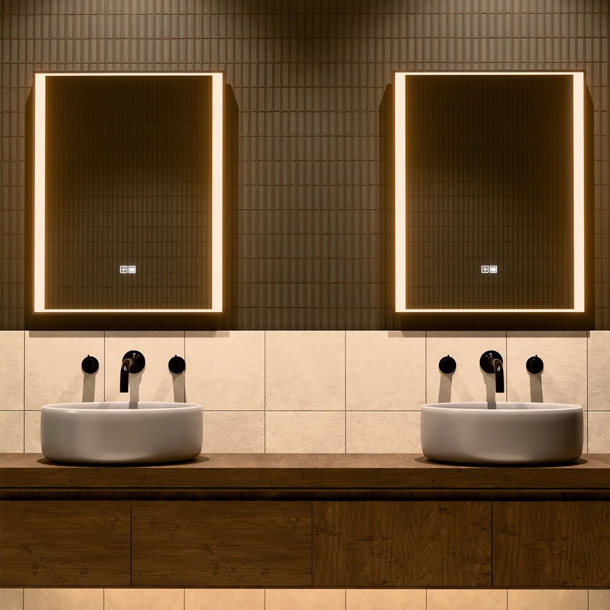 24"×30" Rectangular LED Mirror with Dual-Touch Dimmer & Defogger, Brushed-Aluminum Frame, 3CCT Front-Lit, 45° Wall-Mounted