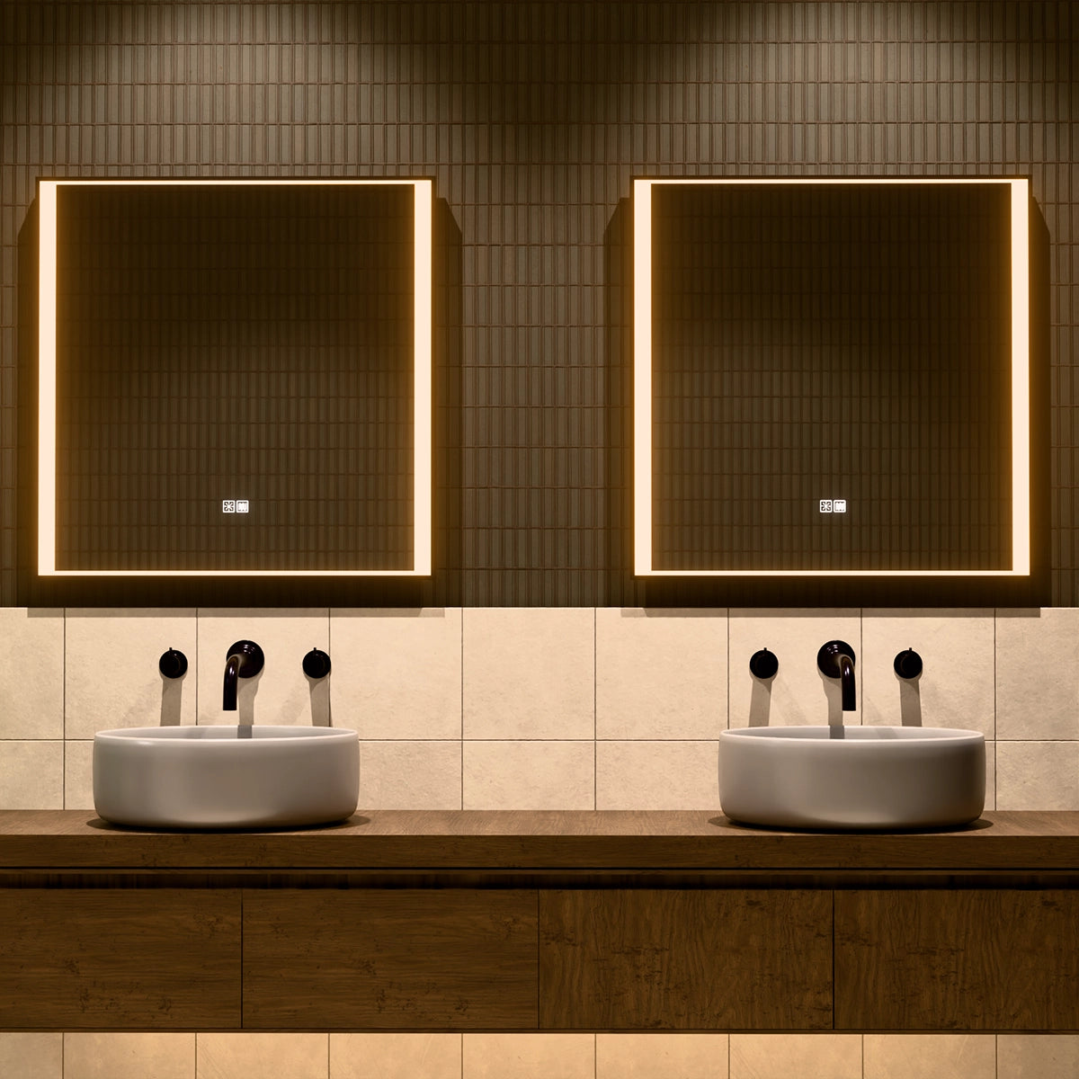 30"×30" Rectangular LED Mirror with Dual-Touch Dimmer & Defogger, Brushed-Aluminum Frame, 3CCT Front-Lit, 45° Wall-Mounted