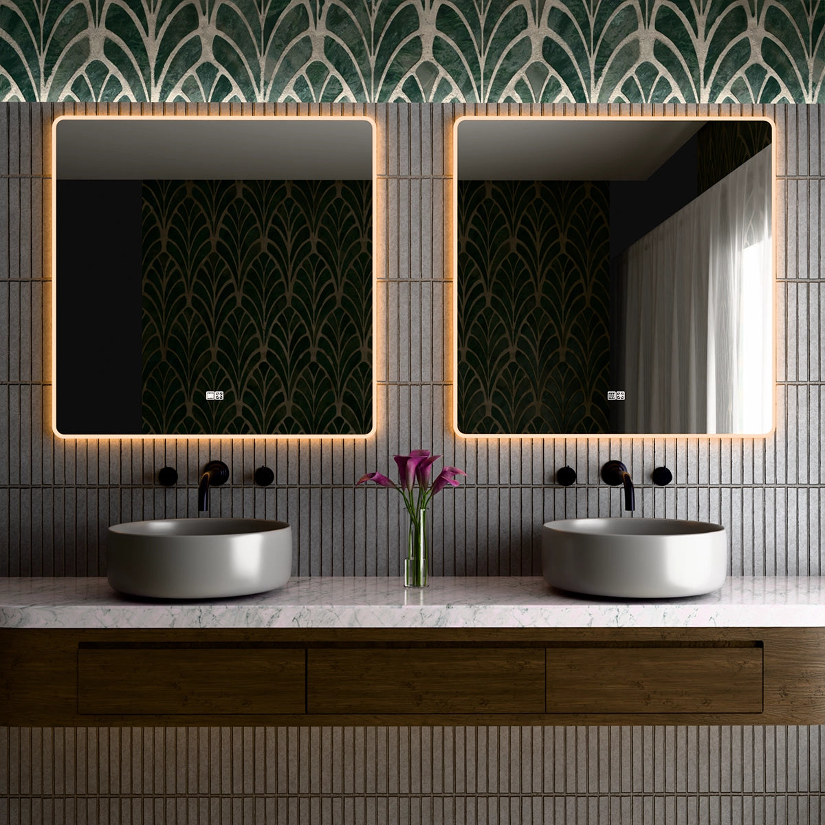 36"×36" Square LED Mirror, Dual-Touch Dimmer & Defogger, 3CCT Back+Front Lit, 45° Wall-Mounted