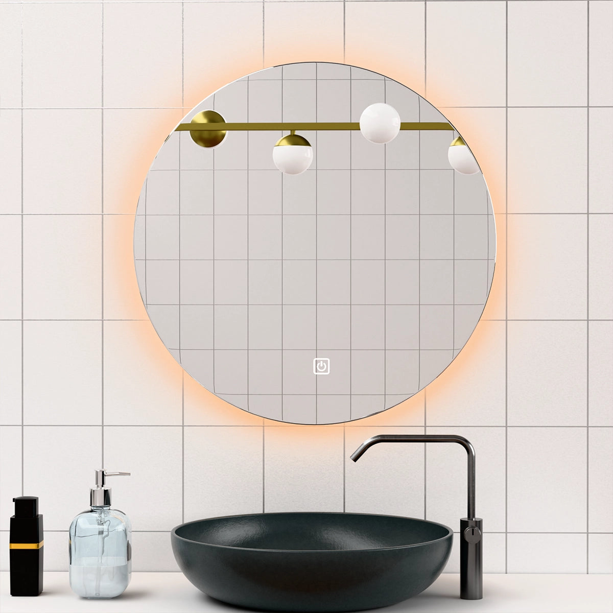 Φ28" Frameless LED Backlit Round Mirror Single-Touch Dimmer Switch & Defogger 45° Wall-Mounted