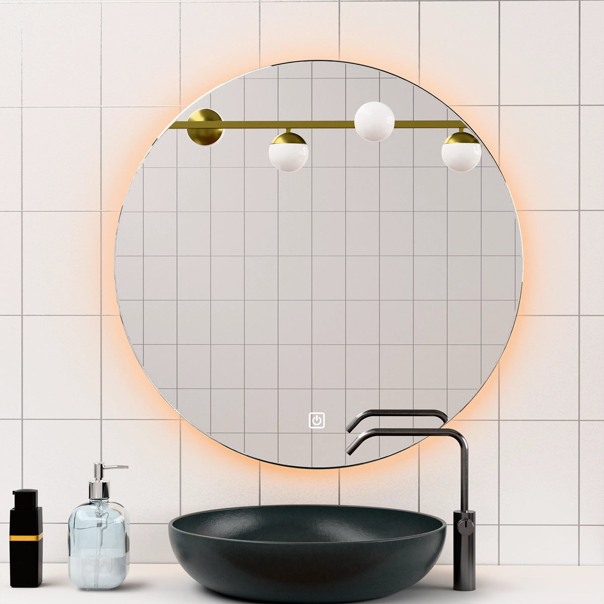 Φ32" Frameless LED Backlit Round Mirror Single-Touch Dimmer Switch & Defogger 45° Wall-Mounted