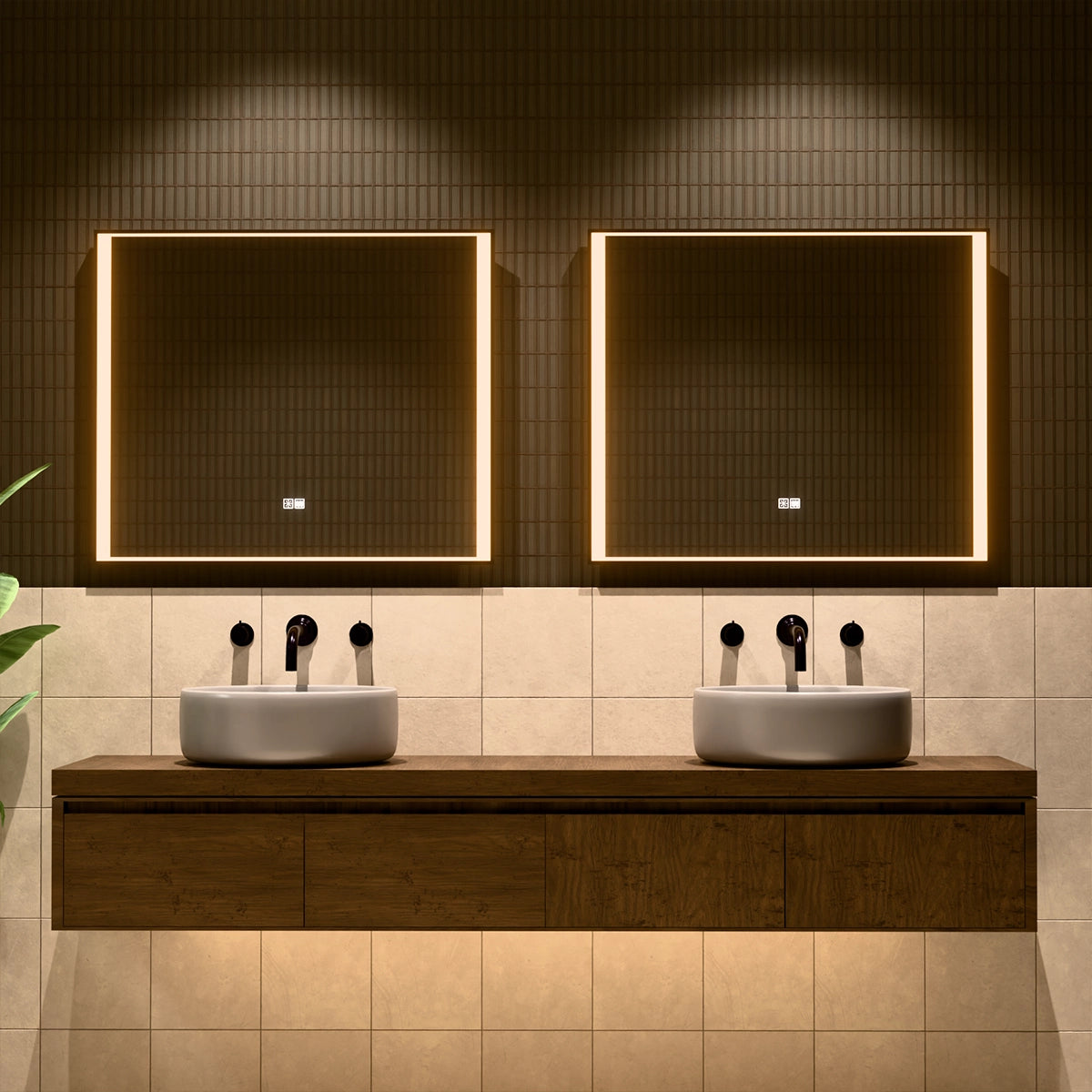 36"×30" Rectangular LED Mirror with Dual-Touch Dimmer & Defogger, Brushed-Aluminum Frame, 3CCT Front-Lit, 45° Wall-Mounted