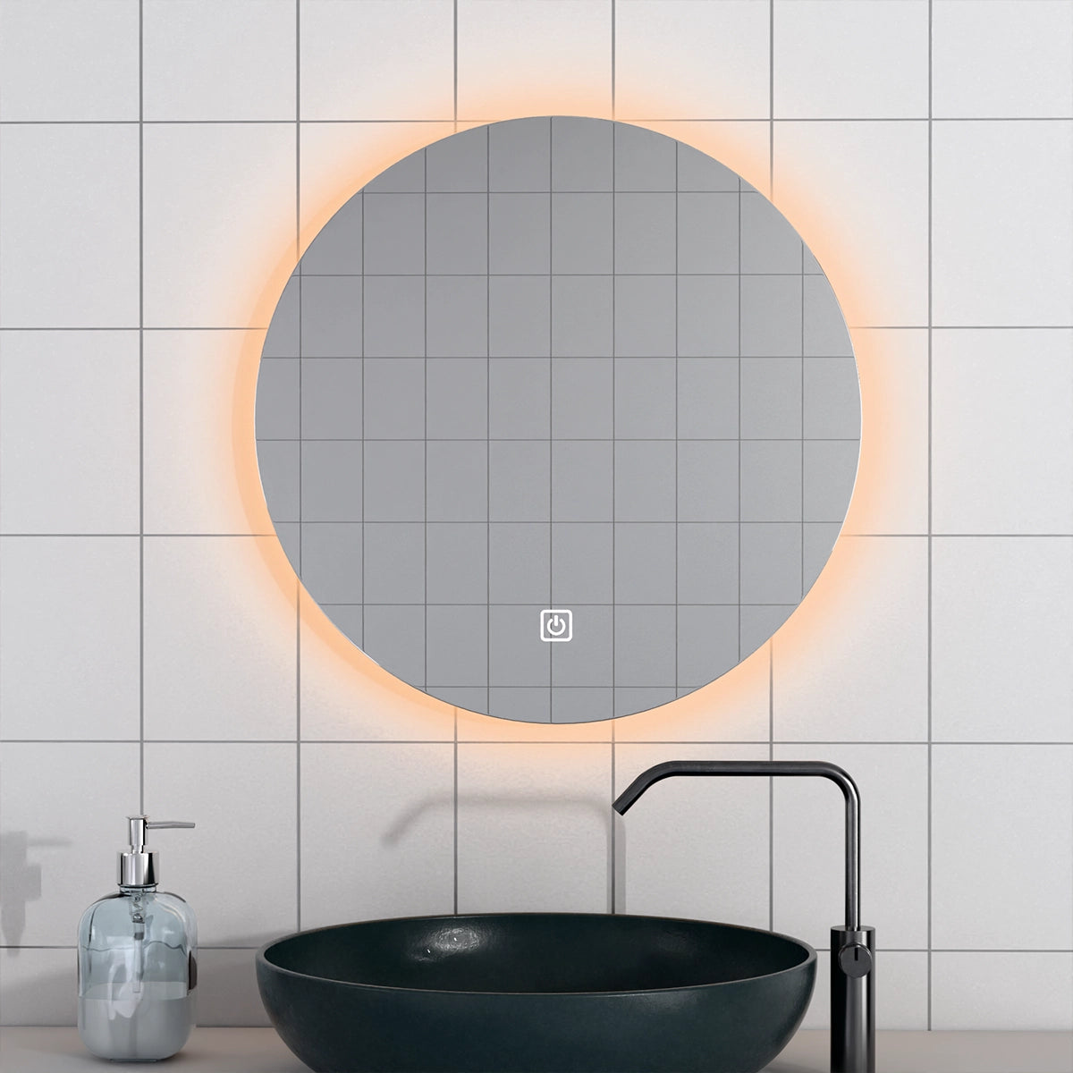 Φ24" Frameless LED Backlit Round Mirror Single-Touch Dimmer Switch & Defogger 45° Wall-Mounted