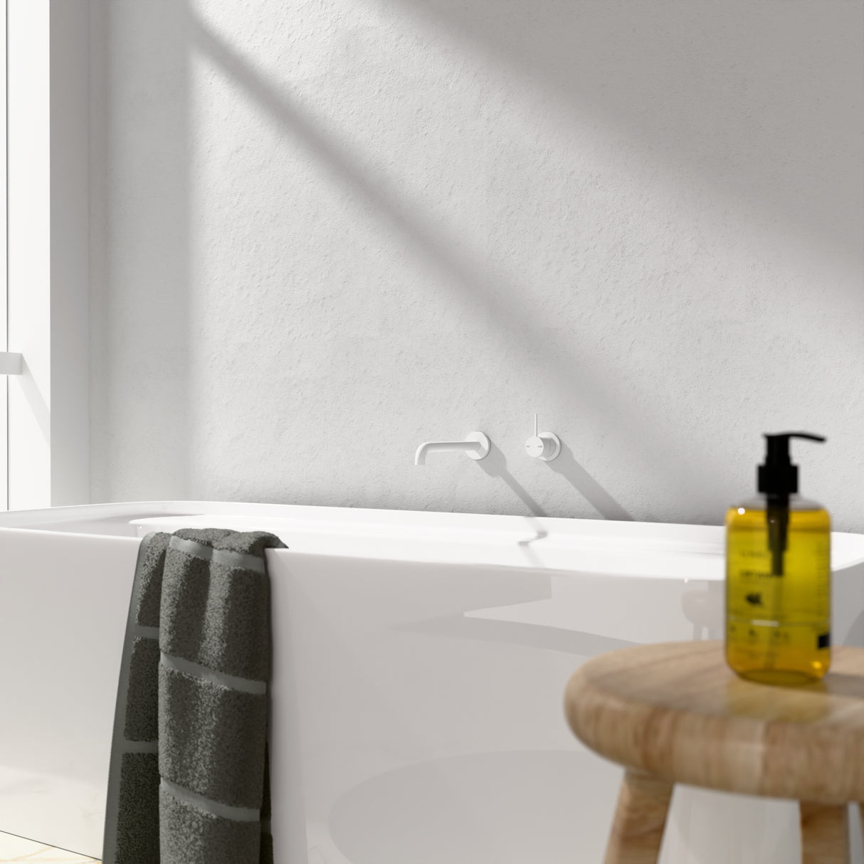 Mecca Wall Basin Mixer Separate Back Plate Handle Up 185mm Spout Matte White