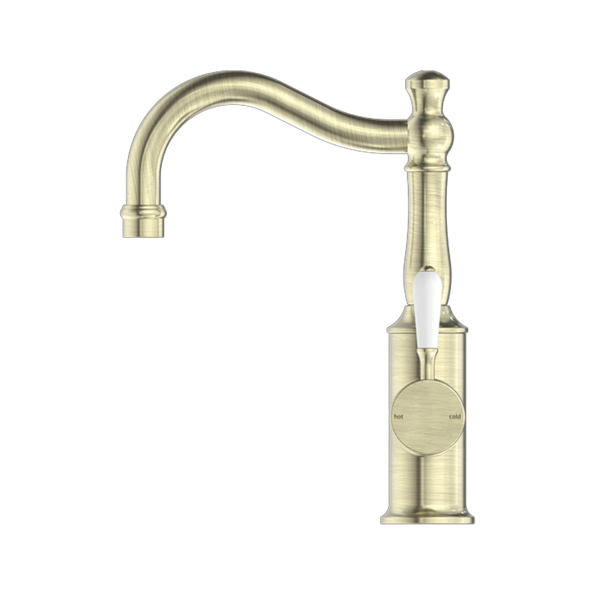 York Basin Mixer Hook Spout With White Porcelain Lever Aged Brass