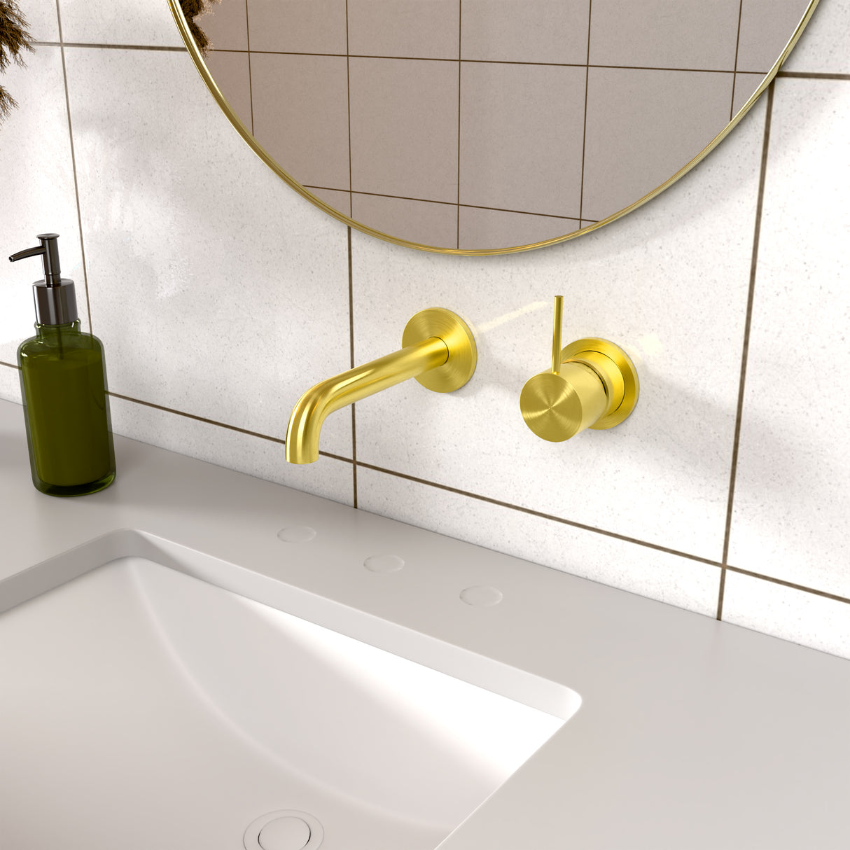 Mecca Wall Basin/Bath Mixer Separate Back Plate Handle Up 185mm Brushed Gold