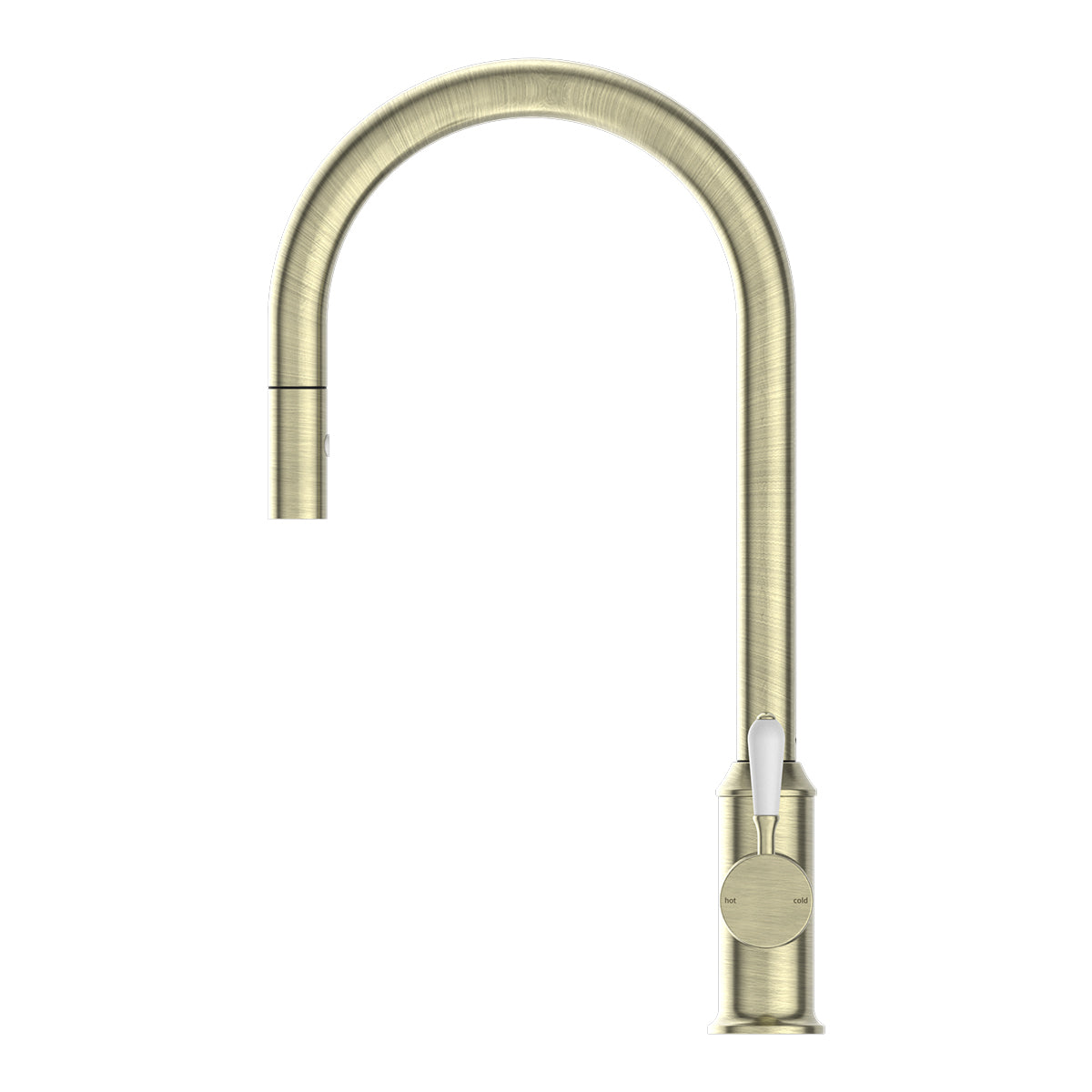 York Pull Out Sink Mixer With Vegie Spray Function With White Porcelain Lever Aged Brass