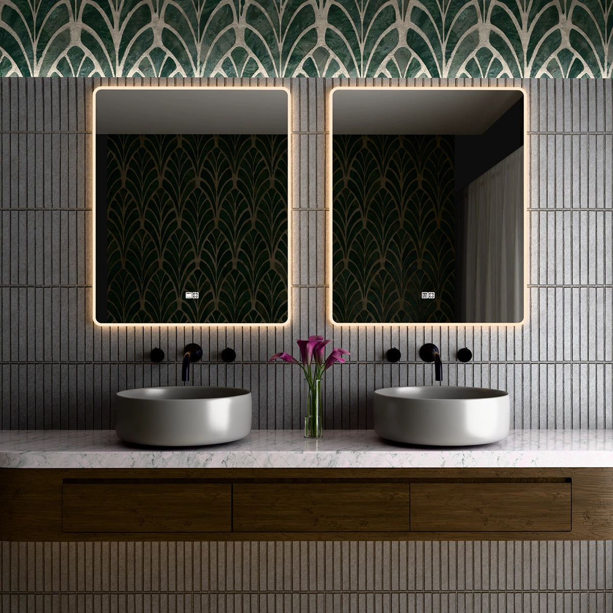 30"×36" Vertical Rectangle LED Mirror, Dual-Touch Dimmer & Defogger, 3CCT Back & Front Lit, 45° Wall-Mounted