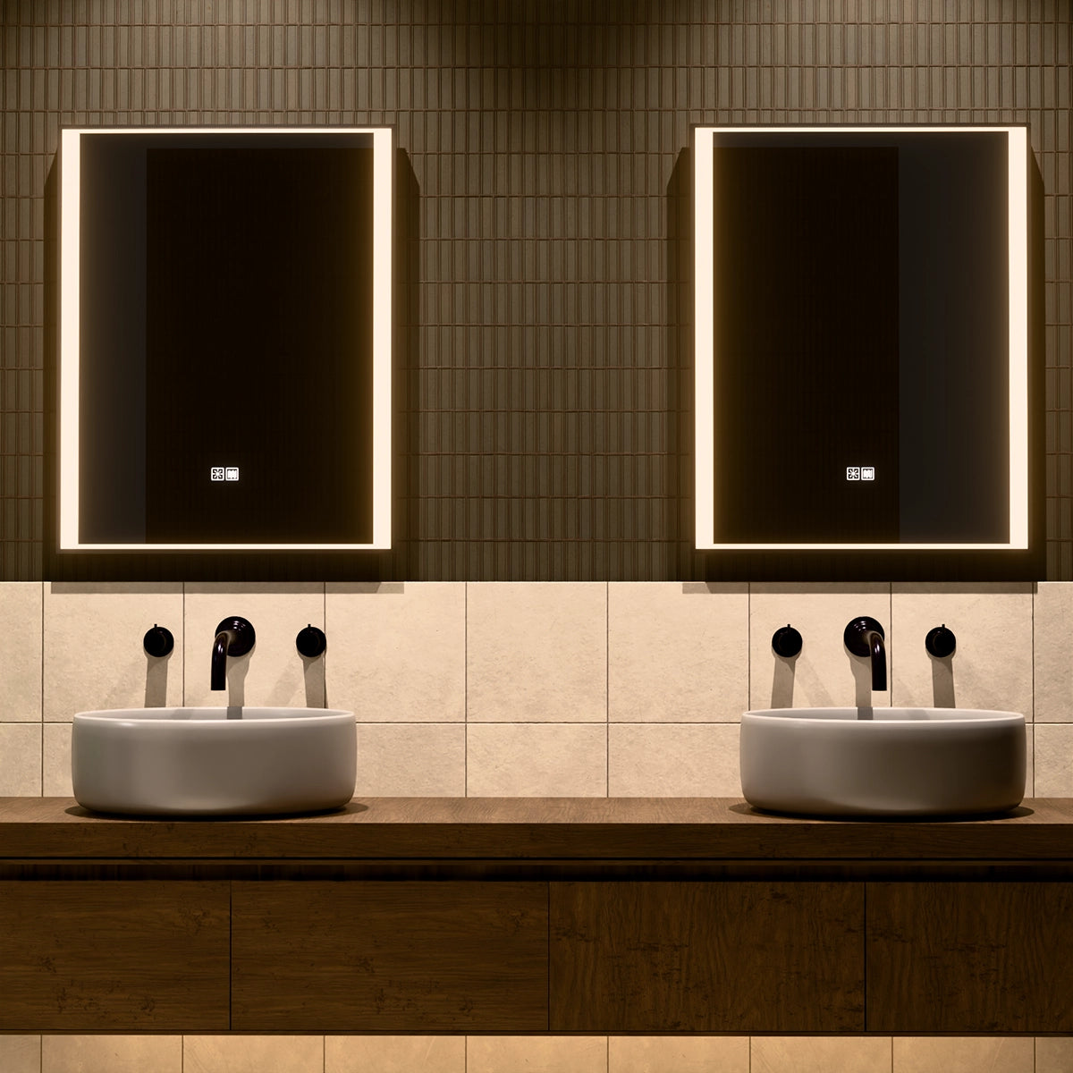 24"×30" Rectangular LED Mirror with Dual-Touch Dimmer & Defogger, Brushed-Aluminum Frame, 3CCT Front-Lit, 45° Wall-Mounted