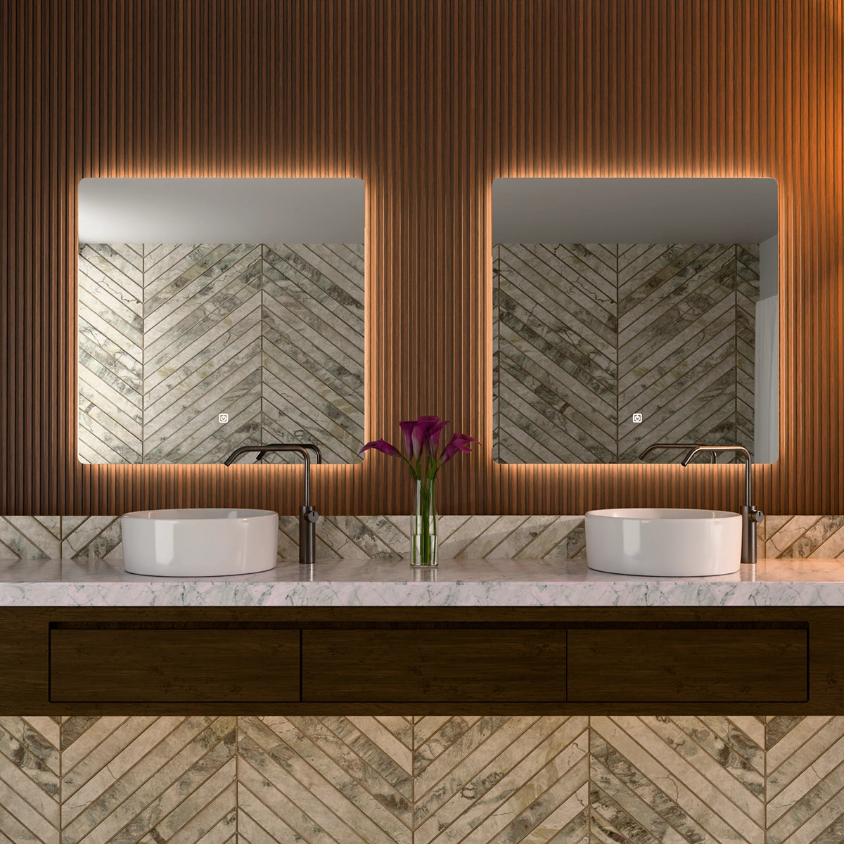 30"× 30" Frameless LED Backlit Mirror Single-Touch Dimmer Switch & Defogger 45° Wall-Mounted