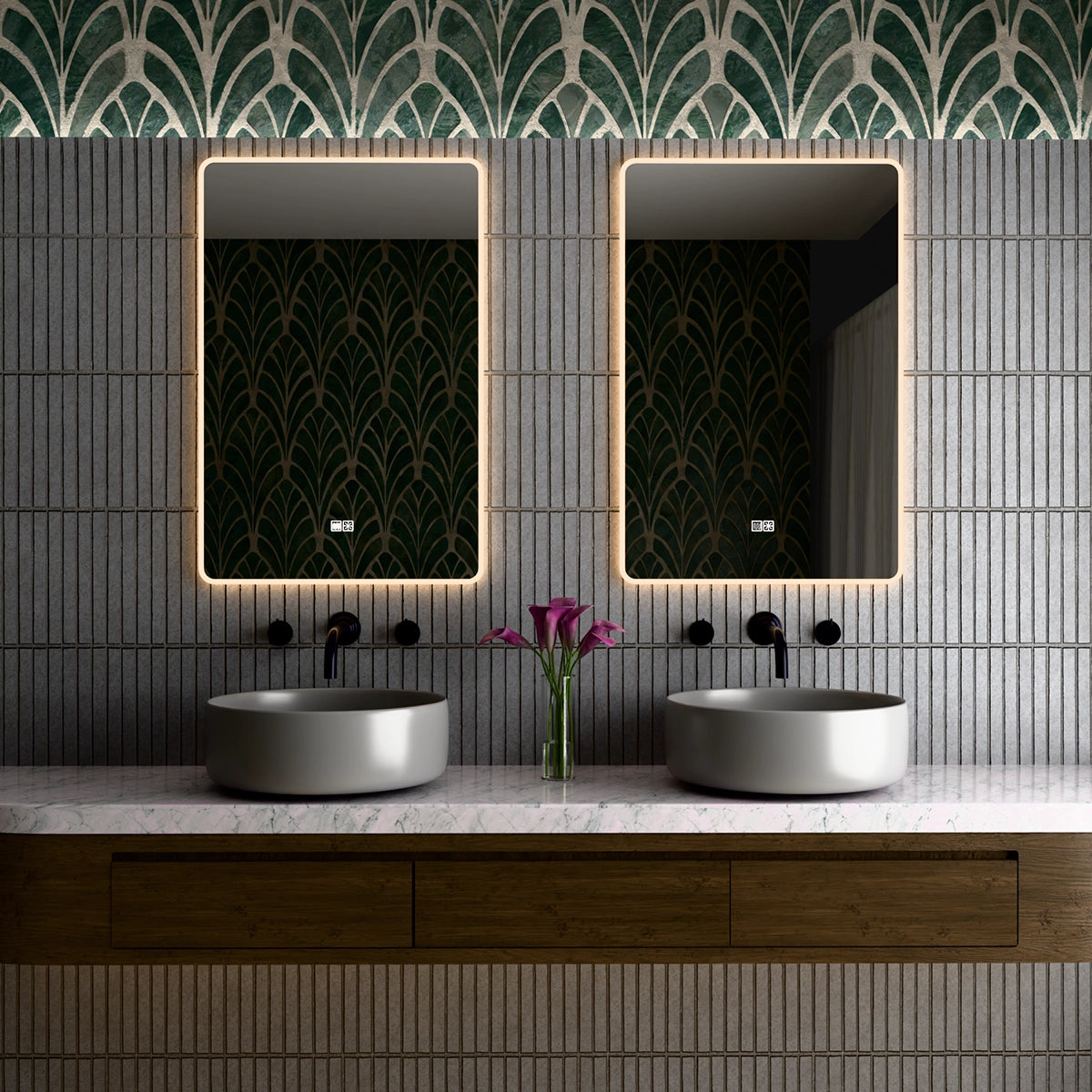 24"×36" Vertical Rectangle LED Mirror, Dual-Touch Dimmer & Defogger, 3CCT Back & Front Lit, 45° Wall-Mounted