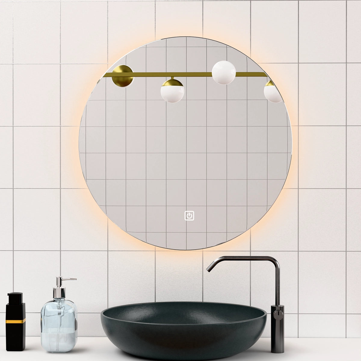 Φ28" Frameless LED Backlit Round Mirror Single-Touch Dimmer Switch & Defogger 45° Wall-Mounted
