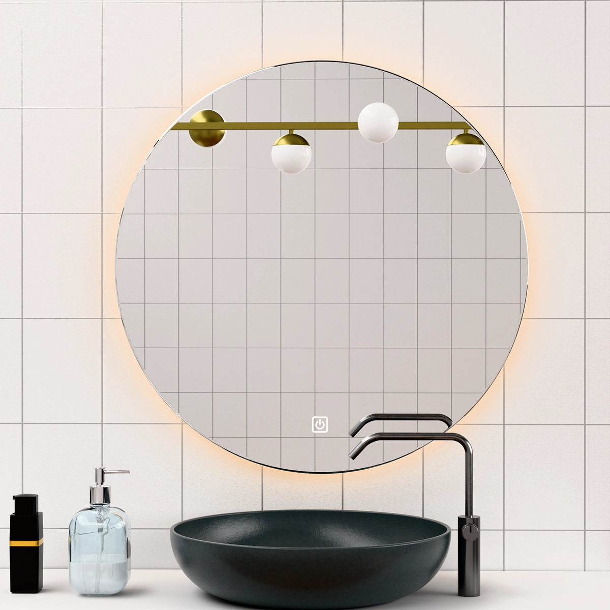 Φ32" Frameless LED Backlit Round Mirror Single-Touch Dimmer Switch & Defogger 45° Wall-Mounted