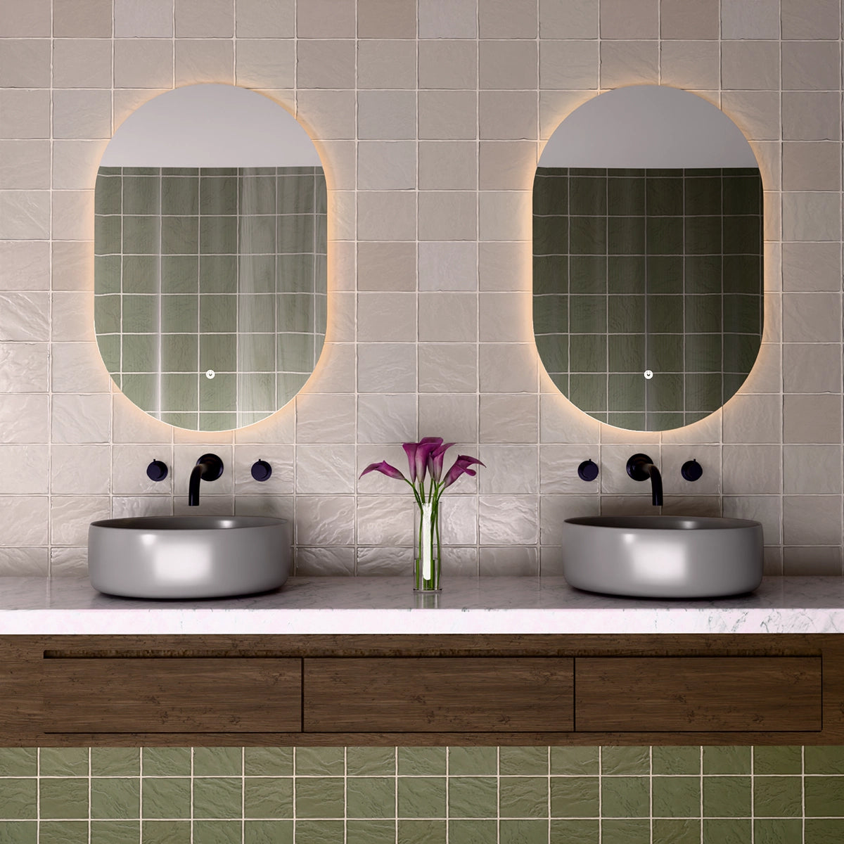 24"×36" Oval Frameless LED Backlit Mirror, Single-Touch Dimmer/Defogger, 3CCT 12V SAA/CE Certified, 45° Wall-Mounted