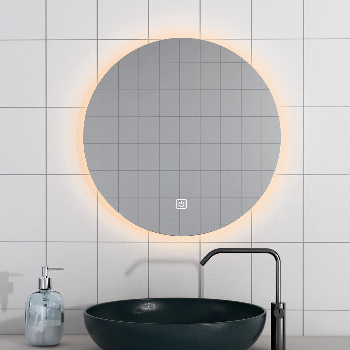Φ24" Frameless LED Backlit Round Mirror Single-Touch Dimmer Switch & Defogger 45° Wall-Mounted