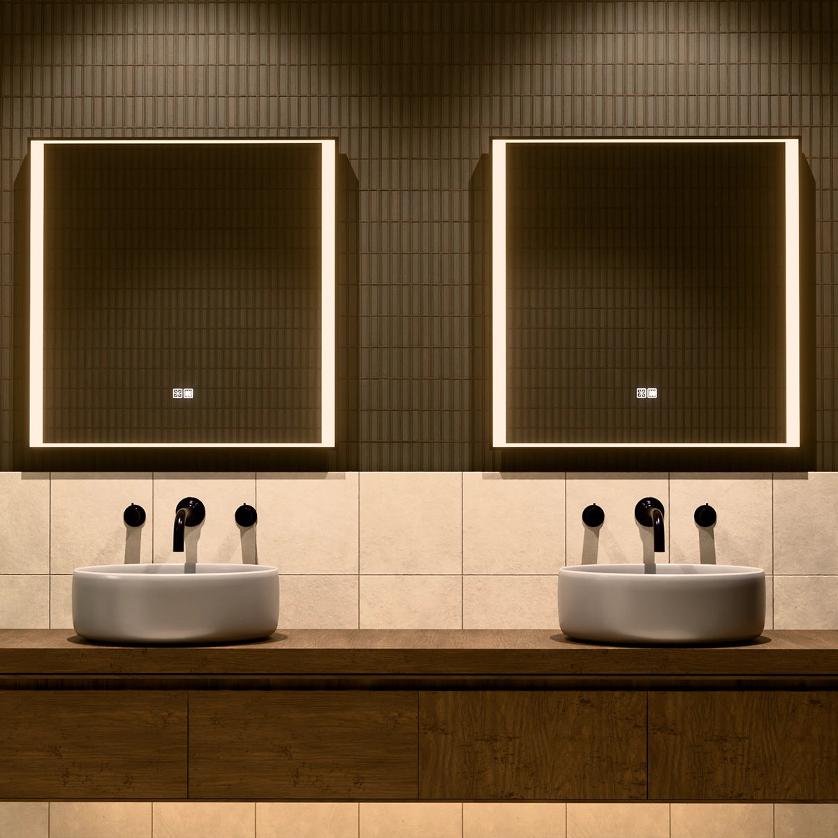 30"×30" Rectangular LED Mirror with Dual-Touch Dimmer & Defogger, Brushed-Aluminum Frame, 3CCT Front-Lit, 45° Wall-Mounted