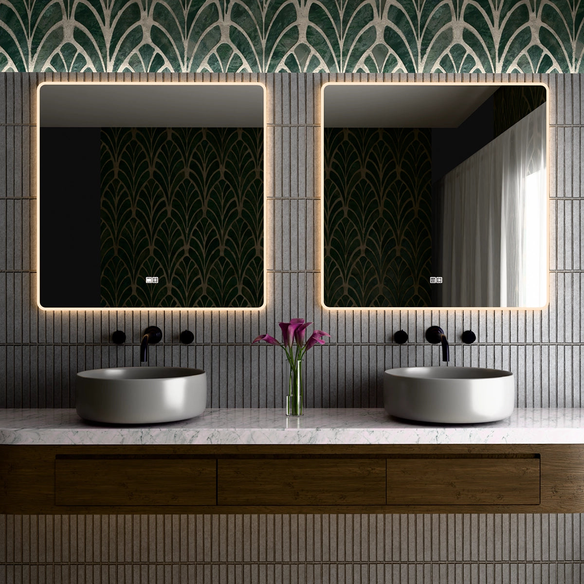 36"×36" Square LED Mirror, Dual-Touch Dimmer & Defogger, 3CCT Back+Front Lit, 45° Wall-Mounted