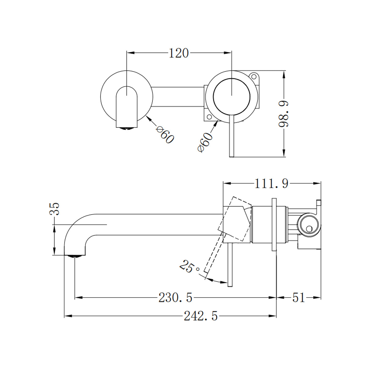 Mecca Wall Basin/Bath Mixer Separate Back Plate 230mm MatTE BLACK