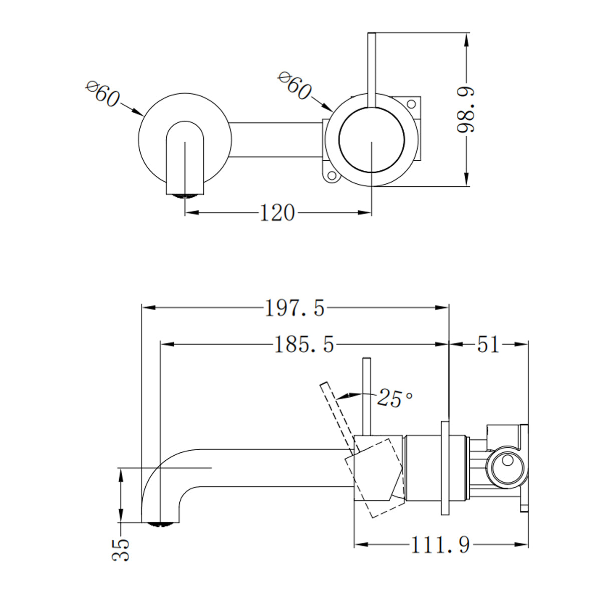 Mecca Wall Basin/Bath Mixer Separate Back Plate Handle Up 185mm Brushed Bronze