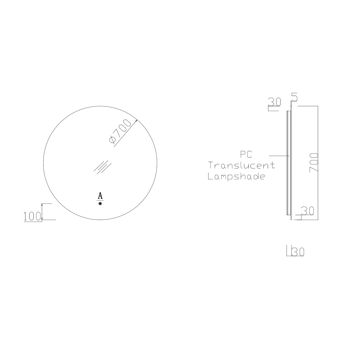 Φ28" Frameless LED Backlit Round Mirror Single-Touch Dimmer Switch & Defogger 45° Wall-Mounted