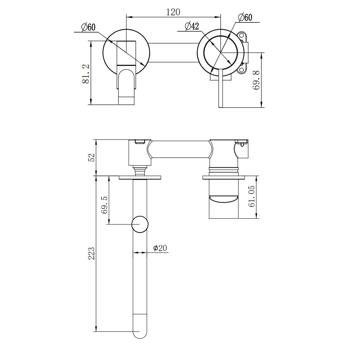 Mecca Wall Basin/Bath Mixer Swivel Spout 225mm Matte Black