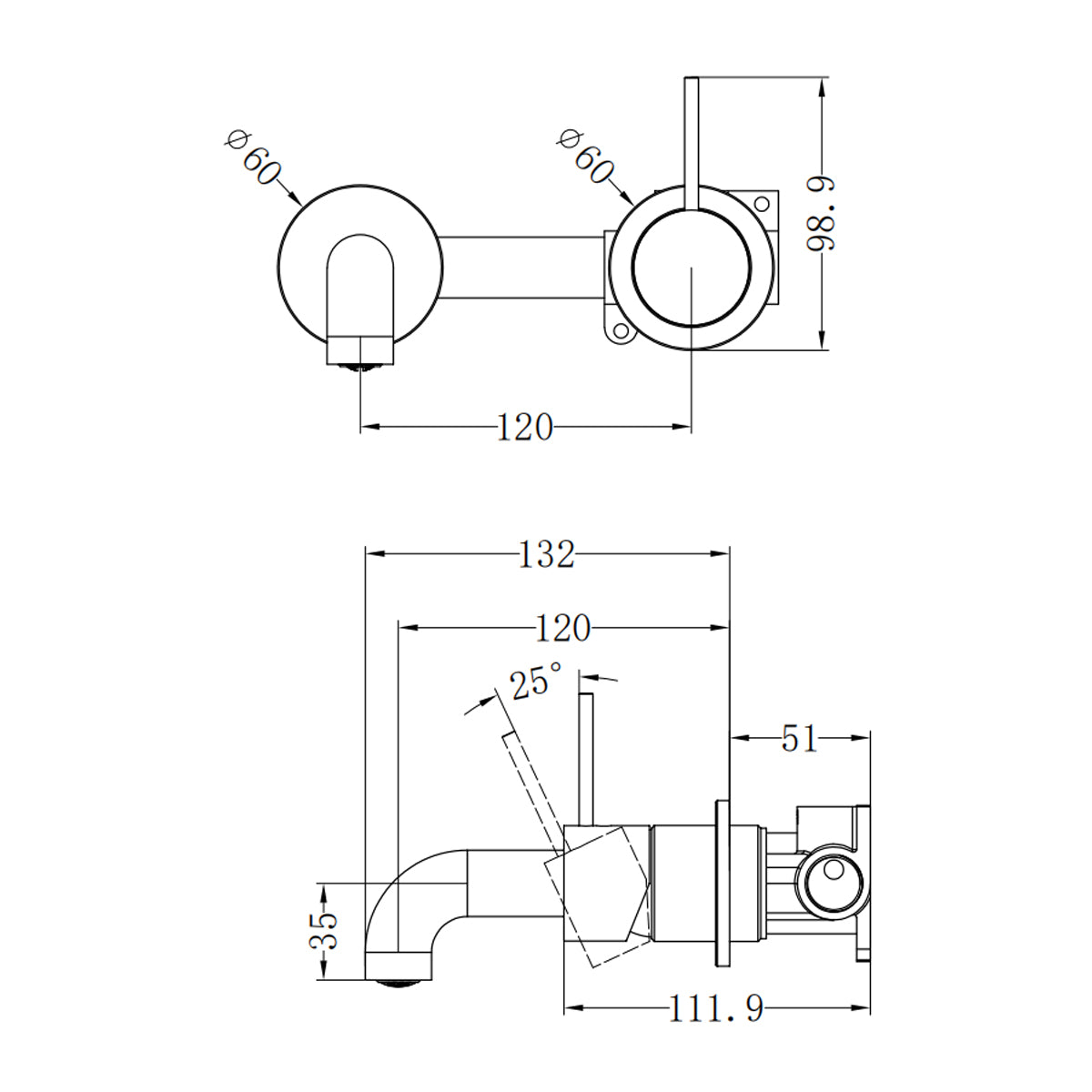 Mecca Wall Basin/Bath Mixer Separate Back Plate Handle Up 120mm Matte Black