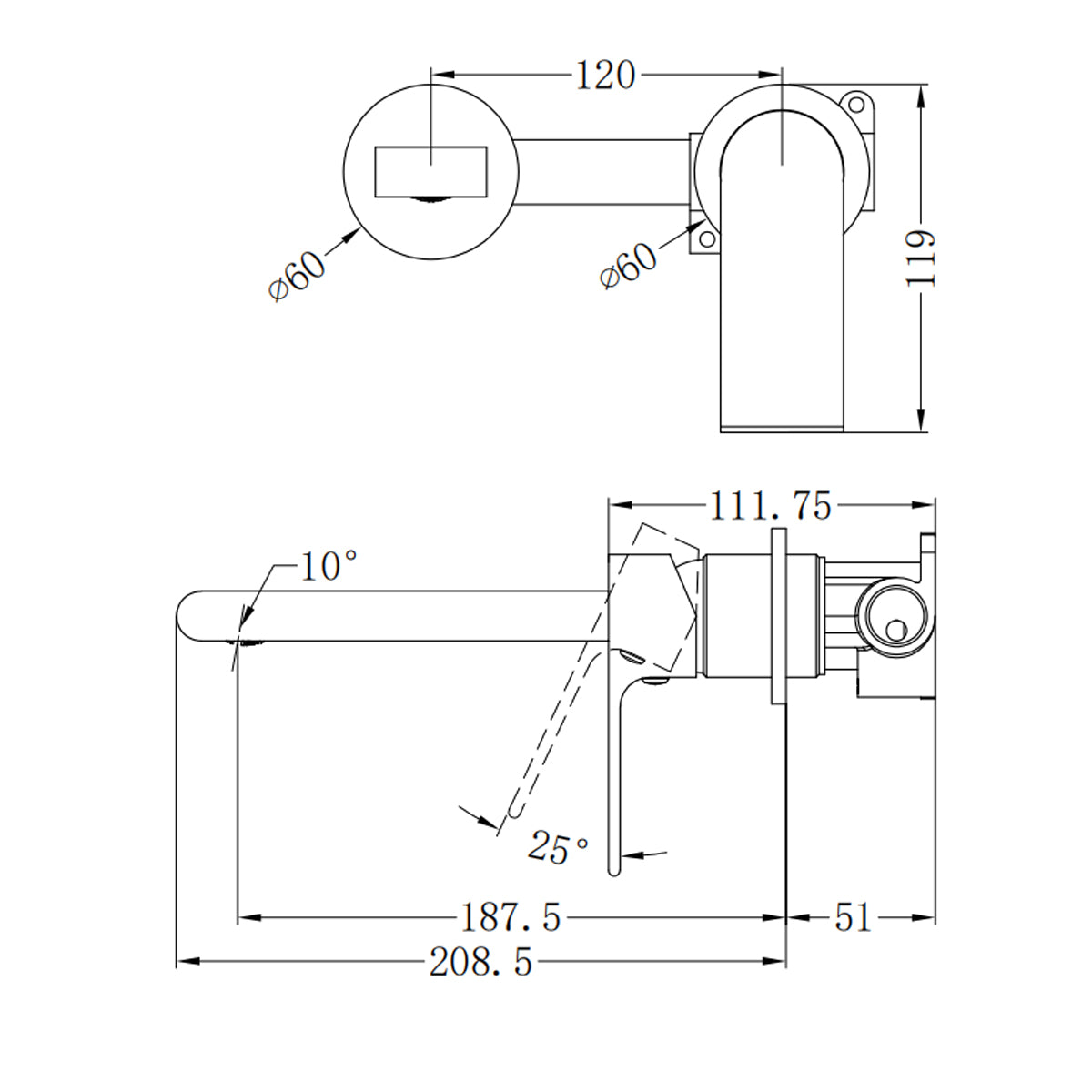 Bianca Wall Basin/Bath Mixer Separate Back Plate 187mm Brushed Gold