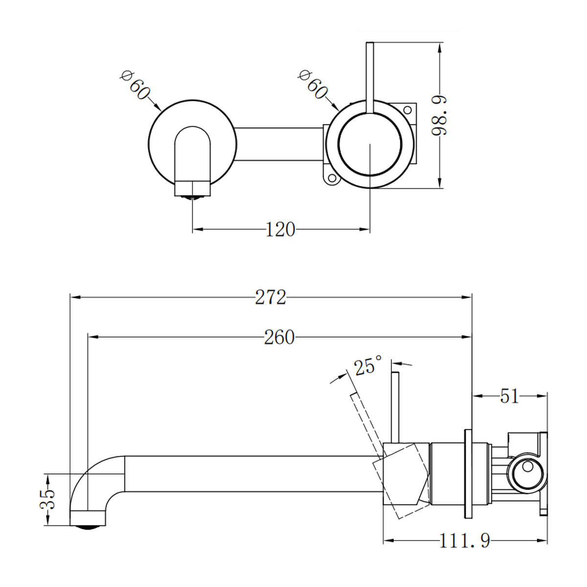 Mecca Wall Basin/Bath Mixer Separate Back Plate Handle Up 260mm Chrome