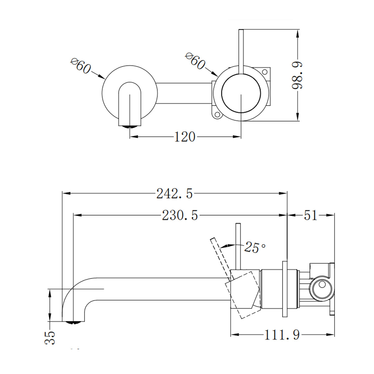 Mecca Wall Basin/Bath Mixer Separate Back Plate Handle Up 230mm Brushed Bronze