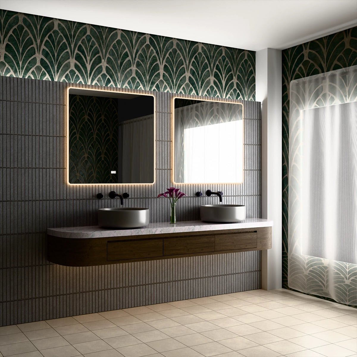 36"×36" Square LED Mirror, Dual-Touch Dimmer & Defogger, 3CCT Back+Front Lit, 45° Wall-Mounted