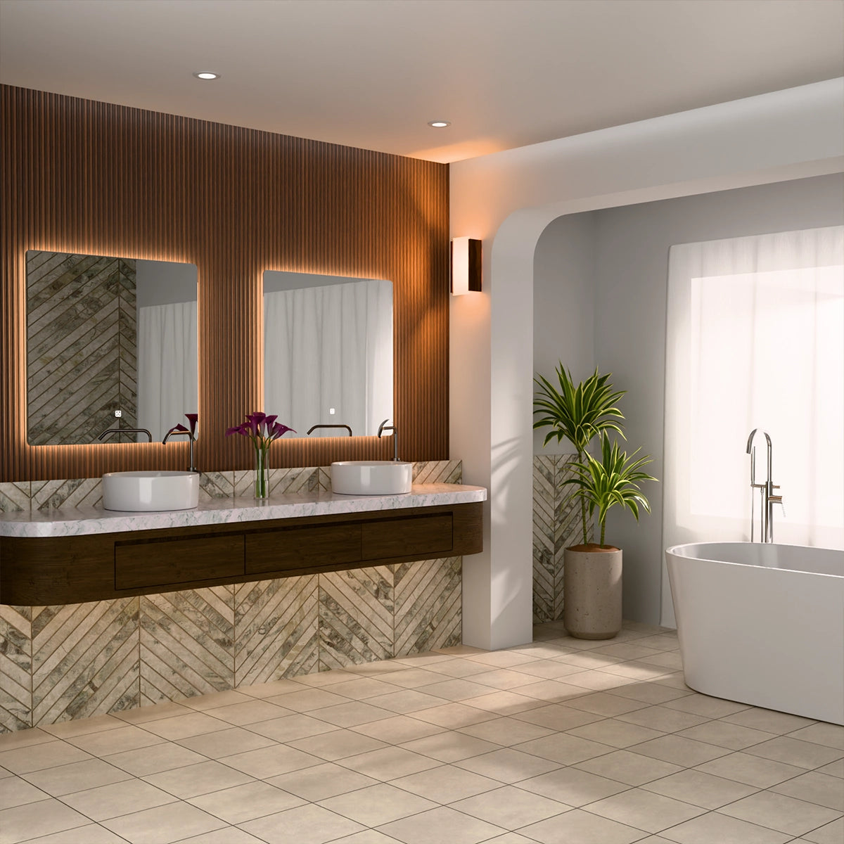 30"× 30" Frameless LED Backlit Mirror Single-Touch Dimmer Switch & Defogger 45° Wall-Mounted