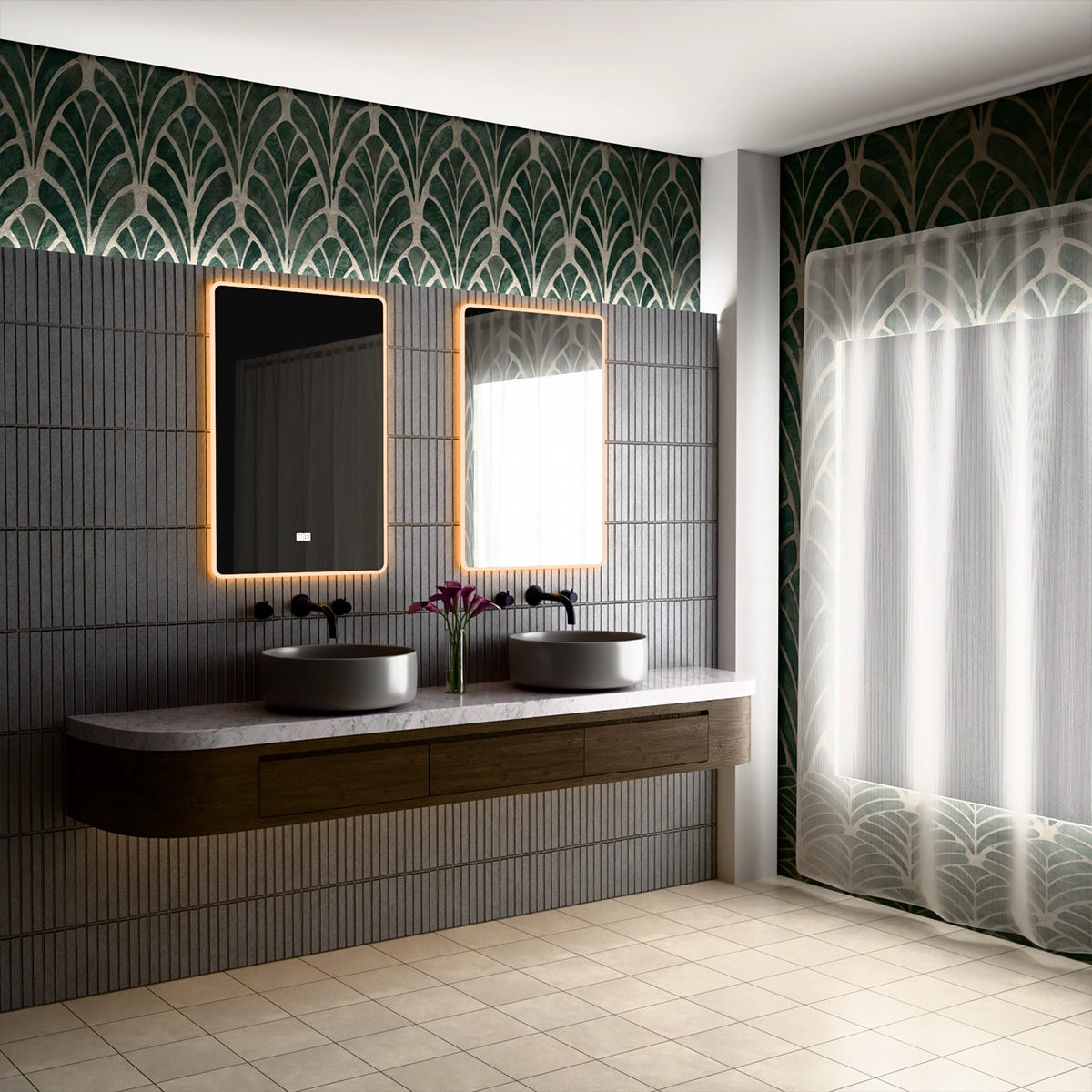 24"×36" Vertical Rectangle LED Mirror, Dual-Touch Dimmer & Defogger, 3CCT Back & Front Lit, 45° Wall-Mounted