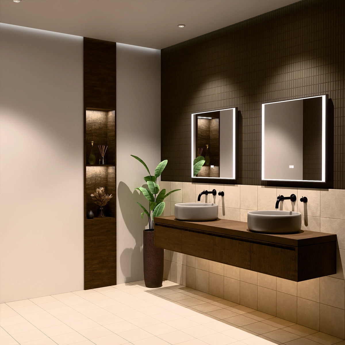 30"×30" Rectangular LED Mirror with Dual-Touch Dimmer & Defogger, Brushed-Aluminum Frame, 3CCT Front-Lit, 45° Wall-Mounted