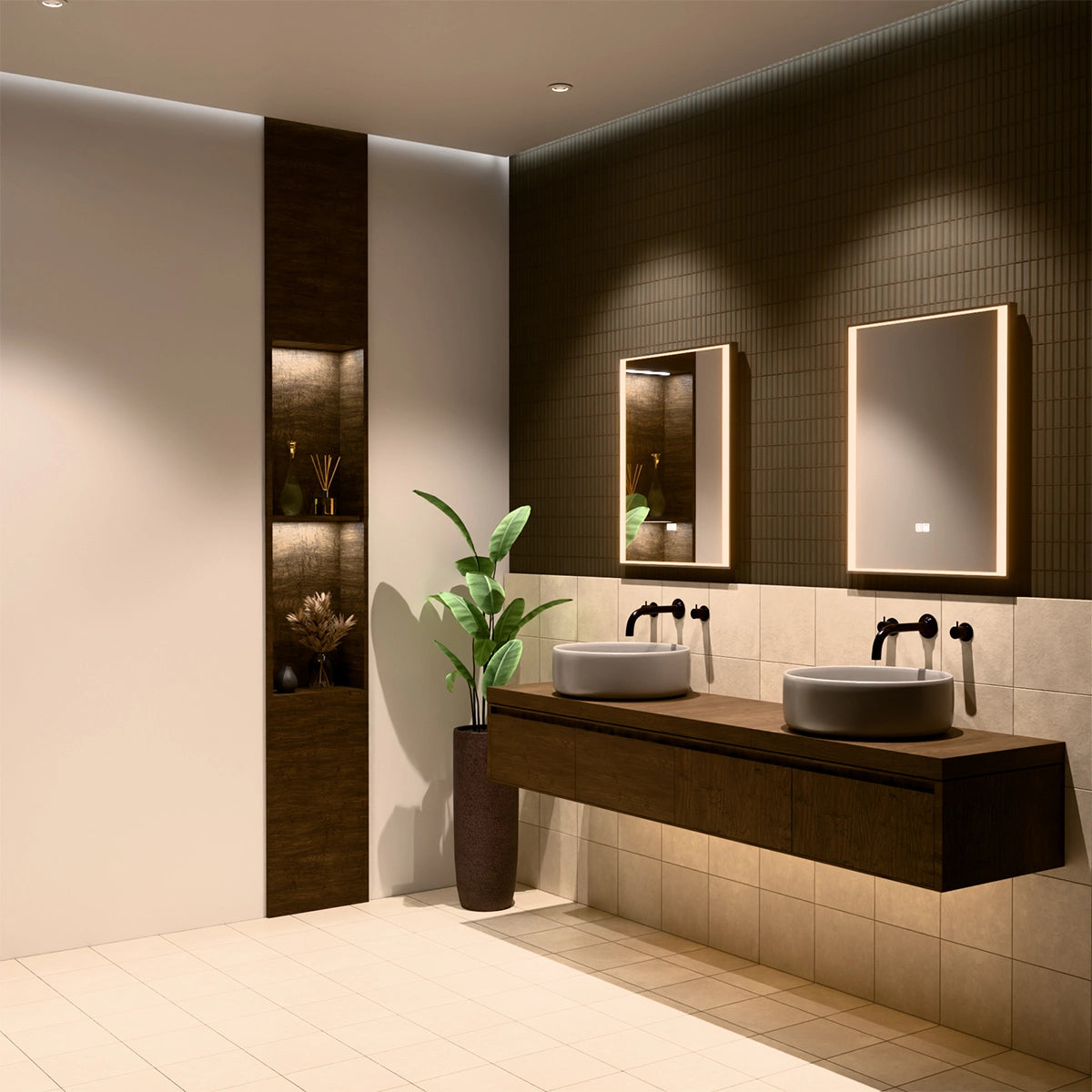 24"×30" Rectangular LED Mirror with Dual-Touch Dimmer & Defogger, Brushed-Aluminum Frame, 3CCT Front-Lit, 45° Wall-Mounted