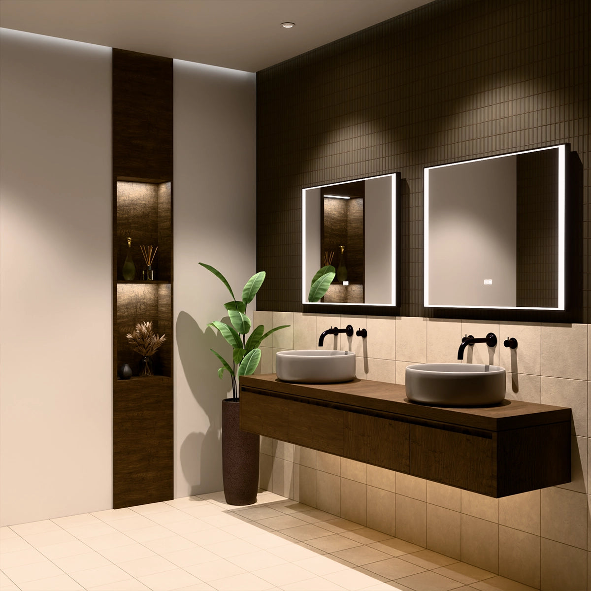 36"×30" Rectangular LED Mirror with Dual-Touch Dimmer & Defogger, Brushed-Aluminum Frame, 3CCT Front-Lit, 45° Wall-Mounted