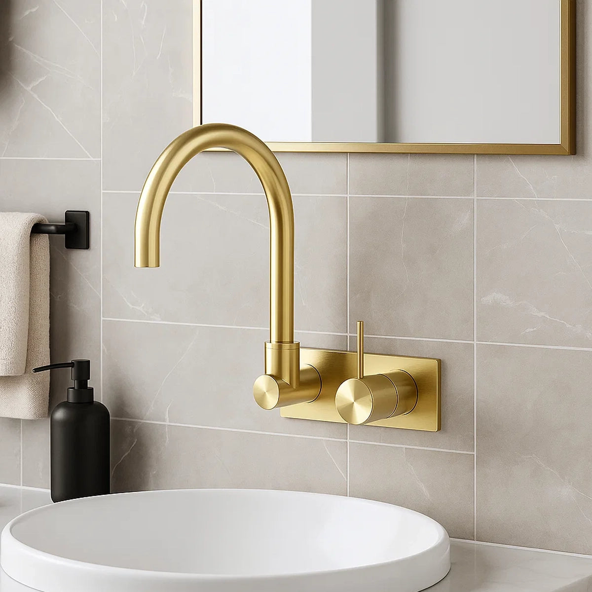 Mecca Wall Basin/Bath Mixer Swivel Spout Handle Up Brushed Gold