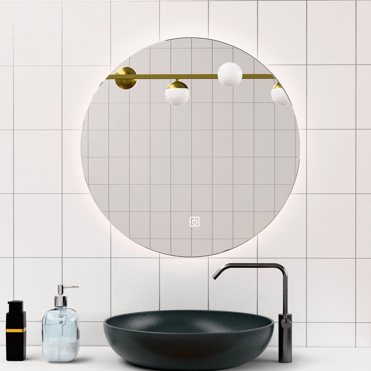 Φ28" Frameless LED Backlit Round Mirror Single-Touch Dimmer Switch & Defogger 45° Wall-Mounted