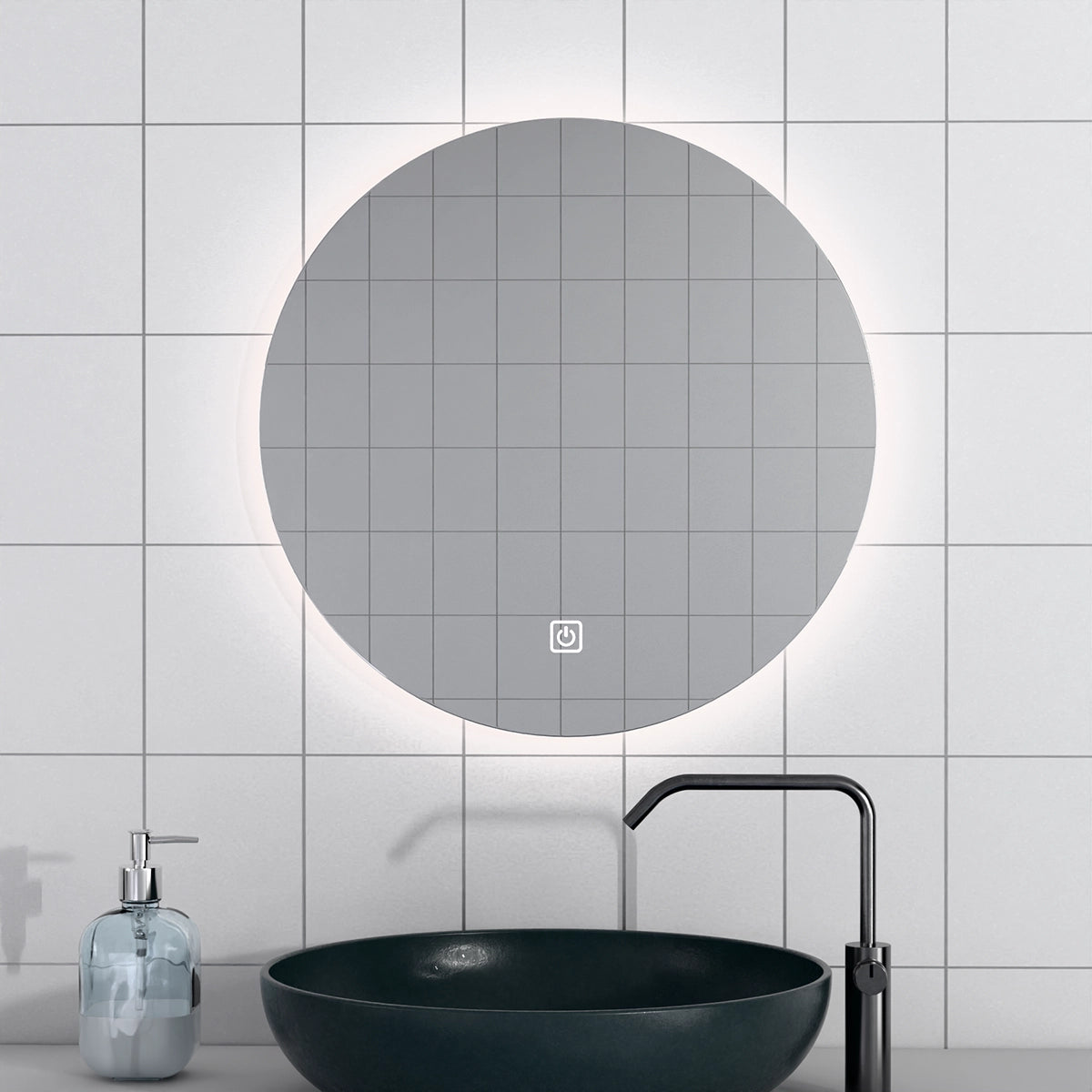 Φ24" Frameless LED Backlit Round Mirror Single-Touch Dimmer Switch & Defogger 45° Wall-Mounted