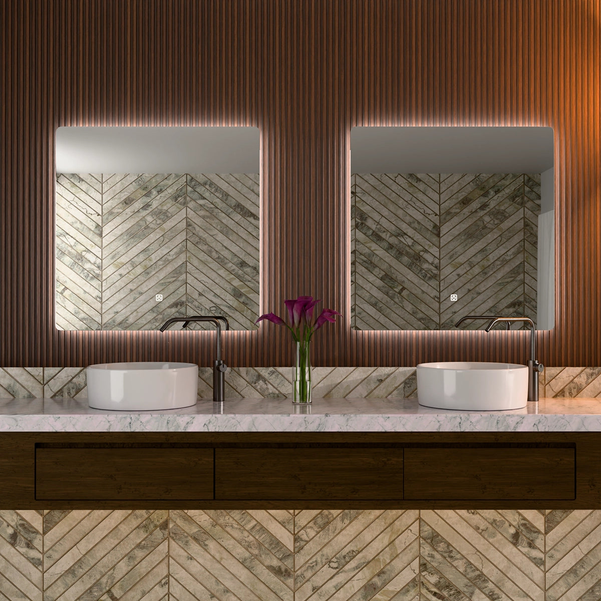 30"× 30" Frameless LED Backlit Mirror Single-Touch Dimmer Switch & Defogger 45° Wall-Mounted