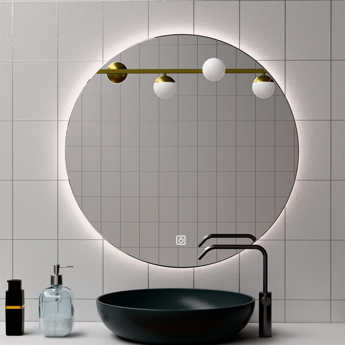 Φ32" Frameless LED Backlit Round Mirror Single-Touch Dimmer Switch & Defogger 45° Wall-Mounted
