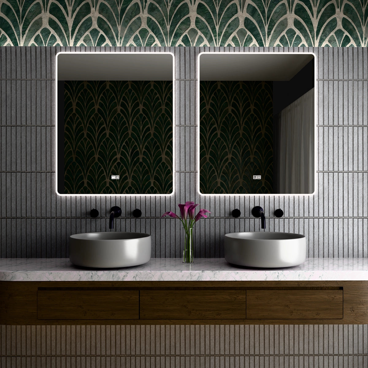 30"×36" Vertical Rectangle LED Mirror, Dual-Touch Dimmer & Defogger, 3CCT Back & Front Lit, 45° Wall-Mounted