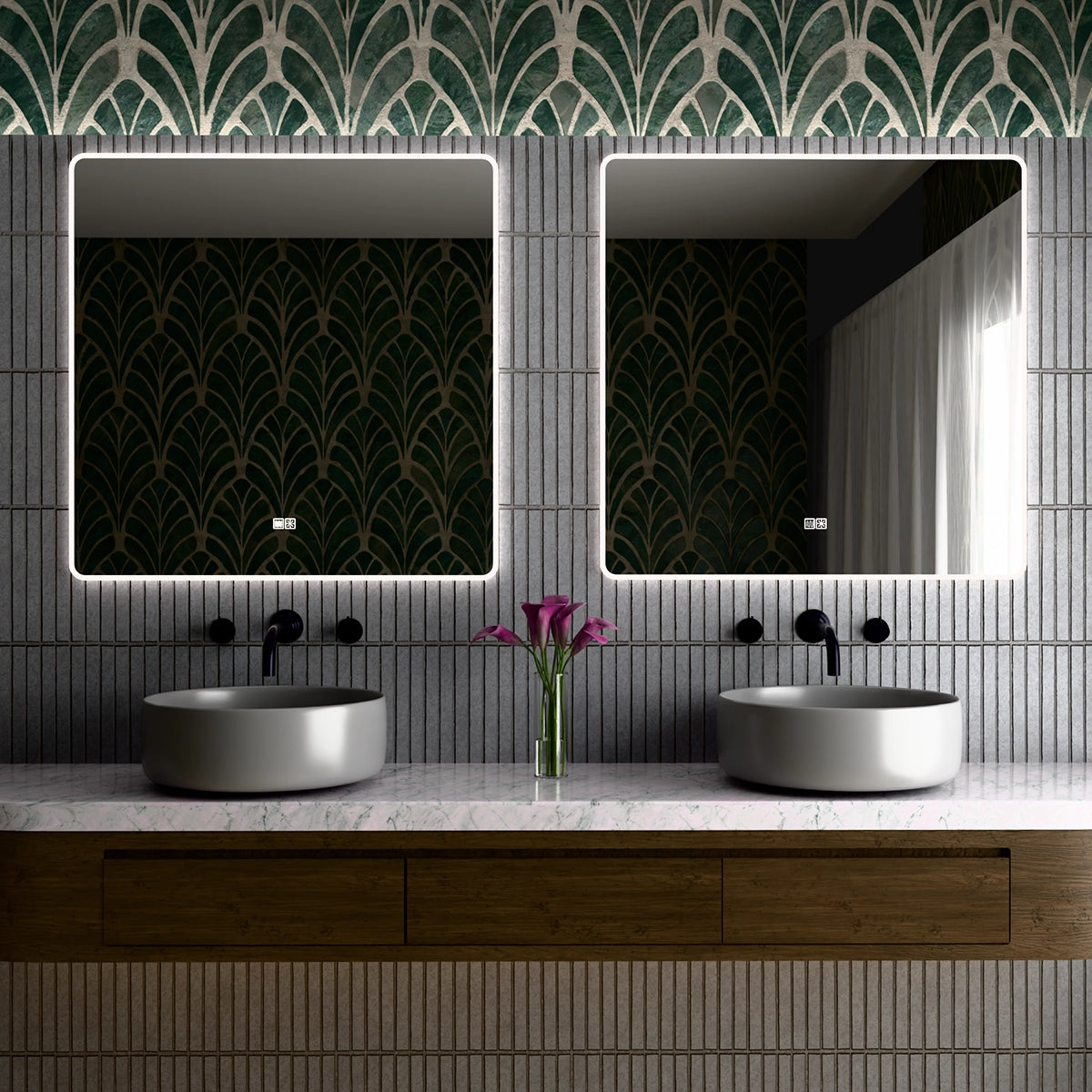 36"×36" Square LED Mirror, Dual-Touch Dimmer & Defogger, 3CCT Back+Front Lit, 45° Wall-Mounted