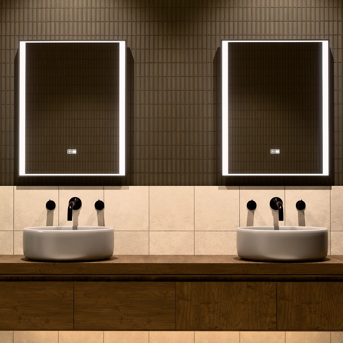 24"×30" Rectangular LED Mirror with Dual-Touch Dimmer & Defogger, Brushed-Aluminum Frame, 3CCT Front-Lit, 45° Wall-Mounted