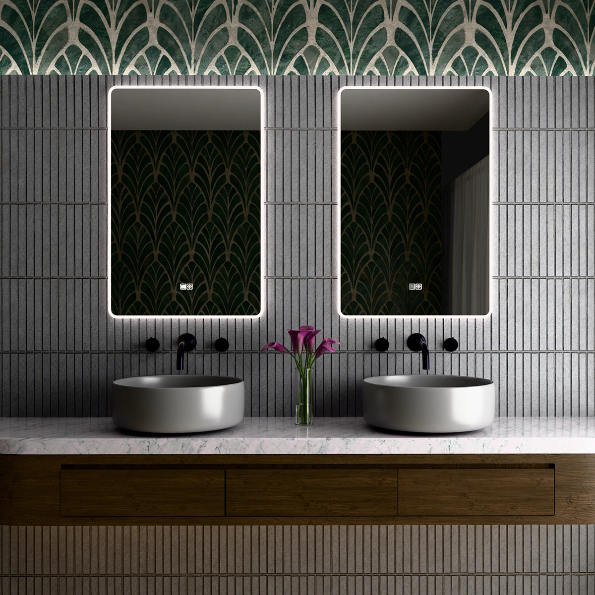 24"×36" Vertical Rectangle LED Mirror, Dual-Touch Dimmer & Defogger, 3CCT Back & Front Lit, 45° Wall-Mounted